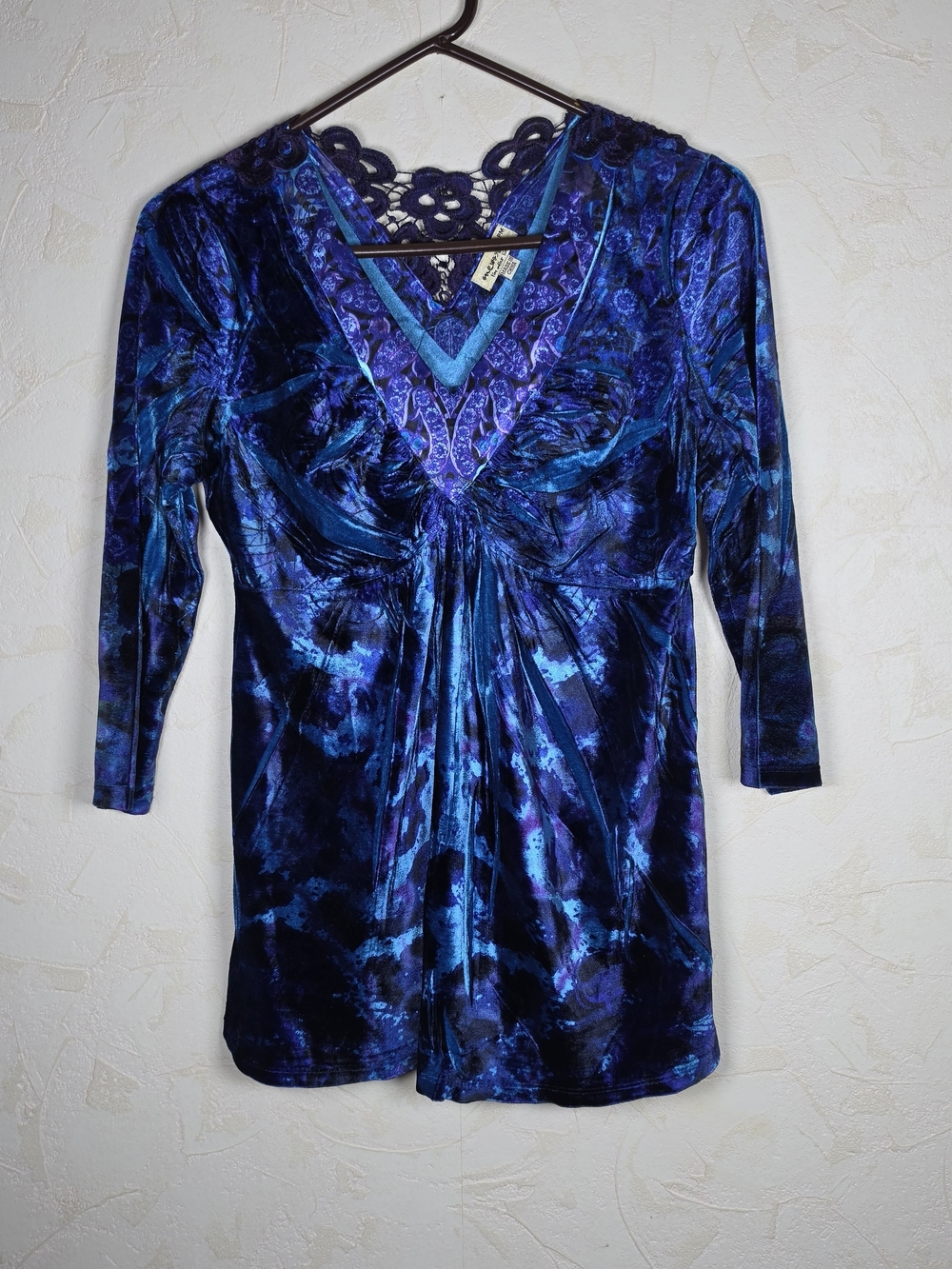 One World Velvet Tunic Top Crochet Lace Whimsigoth Fairy Boho Womens Size Medium